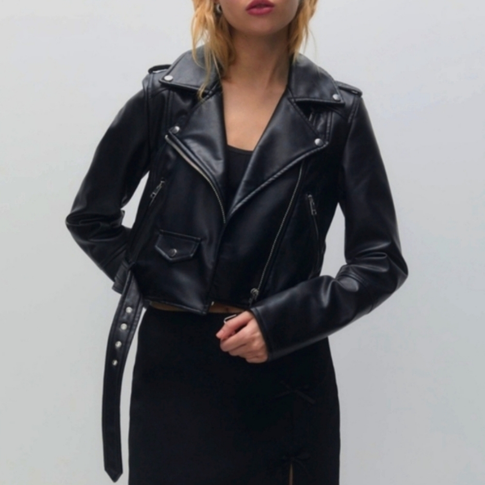 Bershka Women's Black Leather Biker Jacket
